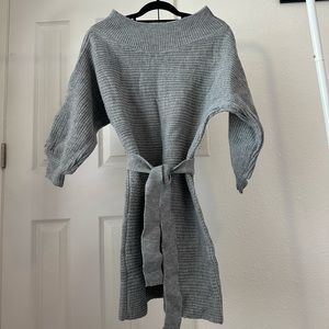 Gray off the shoulder sweater dress with waist tie